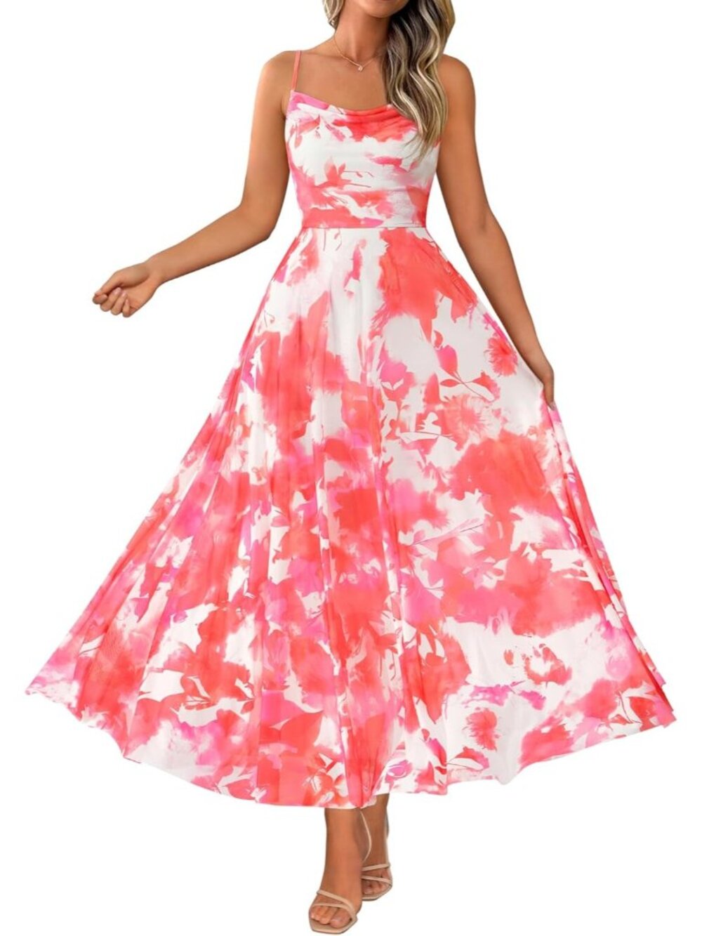 〽️Women's Light Orange Floral Maxi Dress Cowl Neck Boho Summer Beach Party